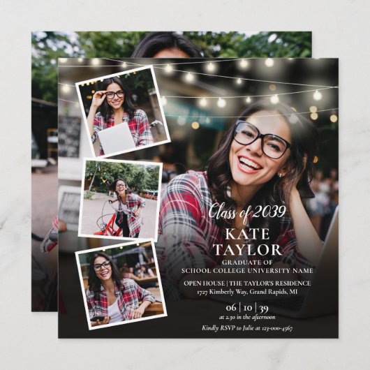 Invitation 5 Photo Collage String Lights Graduation Party (Devant / Derrière)