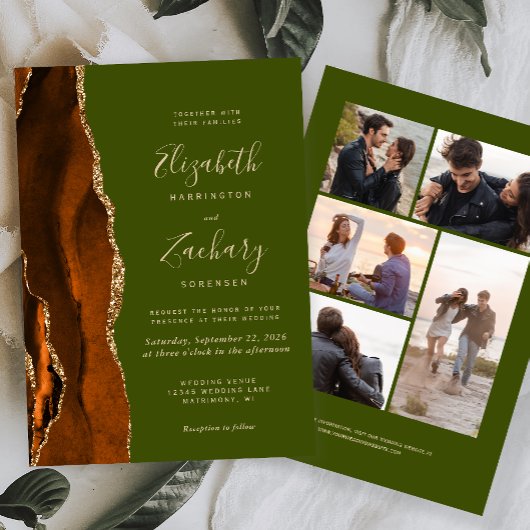 Invitation 5-Photo Orange Brûlé Agate Vert Olive Mariage