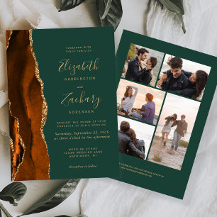 Invitation 5-Photo Rouille Or Agate Vert Foncé Mariage