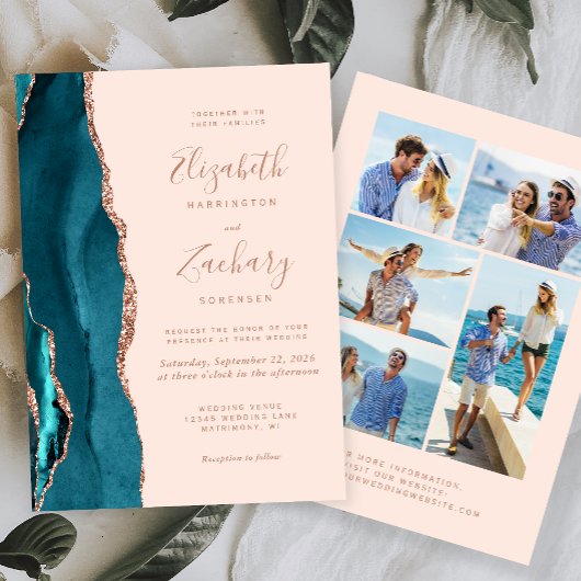 Invitation 5-Photo Teal Blue Rose Gold Agate Blush Wedding