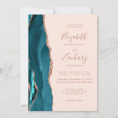 Invitation 5-Photo Teal Blue Rose Gold Agate Blush Wedding (Devant)