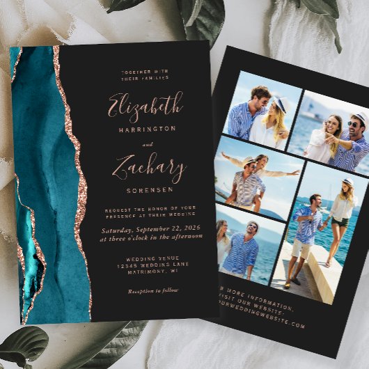 Invitation 5-Photo Teal Blue Rose Gold Agate Dark Wedding