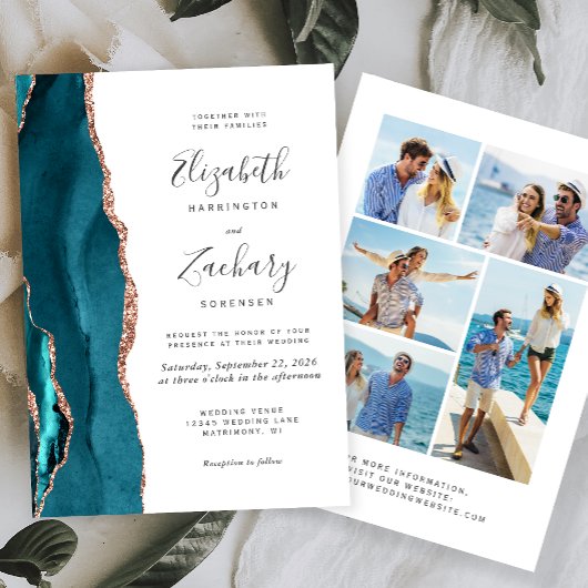 Invitation 5-Photo Teal Blue Rose Gold Agate Wedding