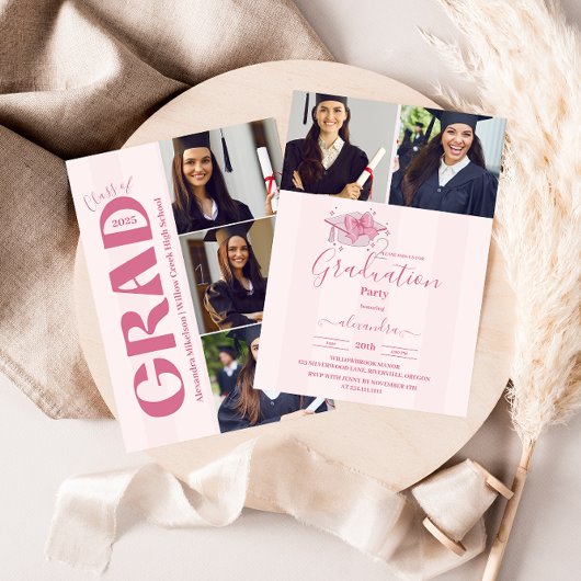 Invitation 5 Photos Coquette Pink Bow Graduation Party