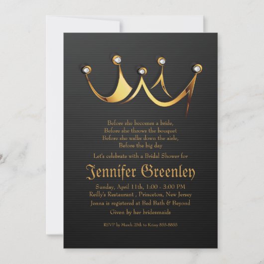 Invitation 5" x 7" Fête de la mariée royale de couronne de la (Devant)