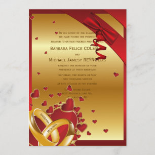 Invitation 5" x 7" Luxe Moderne Anneaux d'Or Coeurs Rouge
