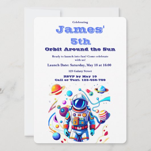 Invitation 5 Year Old Space Birthday Custom Astronaut Orbit  (Devant)