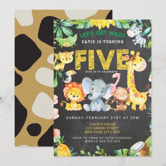 Invitation 5Anniversaire Safari Jungle Chalkboard Cute Boy (Devant / Derrière)