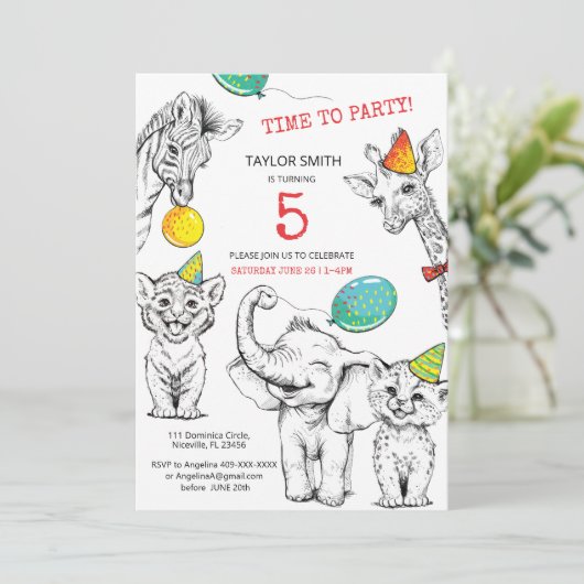 Invitation 5e anniversaire avec drôle animal migno (Debout devant)