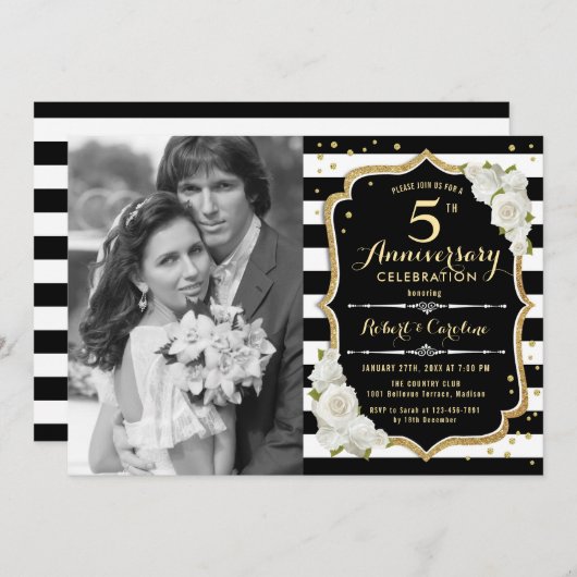 Invitation 5e anniversaire avec photo - Or Noir (Devant / Derrière)