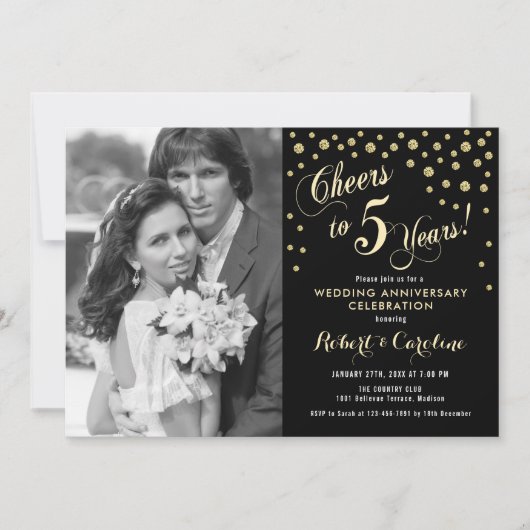 Invitation 5e anniversaire avec photo - Or Noir (Devant)