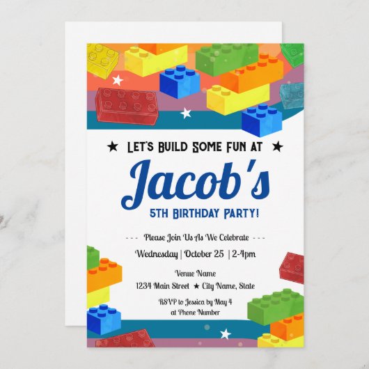 Invitation 5e anniversaire Blocs de construction amusant (Devant / Derrière)