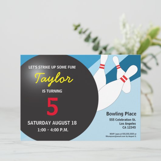 Invitation 5e anniversaire bowling party bleu rouge jaune (Debout devant)