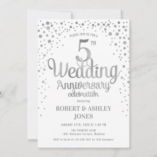 Invitation 5e anniversaire de mariage - Argent & Blanc (Devant)