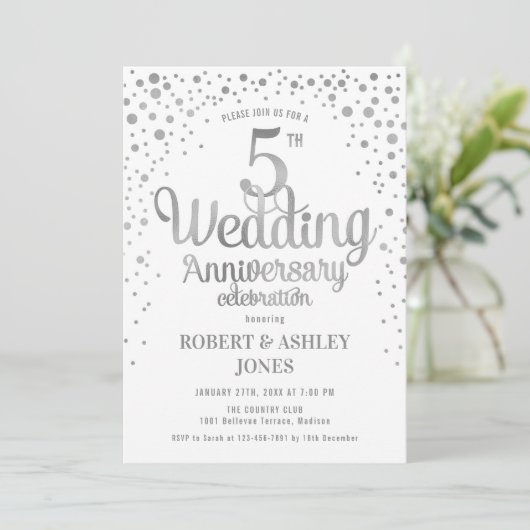 Invitation 5e anniversaire de mariage - Argent & Blanc (Debout devant)