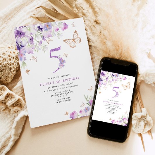 Invitation 5e anniversaire de papillons Lilac violet Invitati