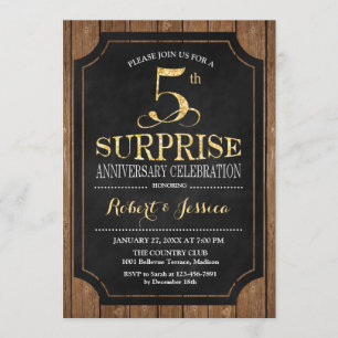Invitation 5e anniversaire de surprise - Gold en bois noir