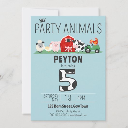 Invitation 5e anniversaire Fête Animaux Ferme Anniversaire (Devant)