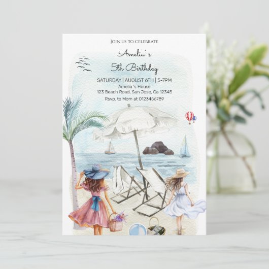 Invitation 5e anniversaire Fête d'été de plage fille (Debout devant)