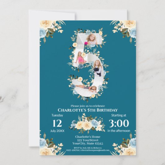 Invitation 5e anniversaire Fleur Turquoise photo Collage bleu (Devant)