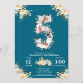 Invitation 5e anniversaire Fleur Turquoise photo Collage bleu (Devant / Derrière)