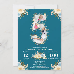 Invitation 5e anniversaire Fleur Turquoise photo Collage bleu