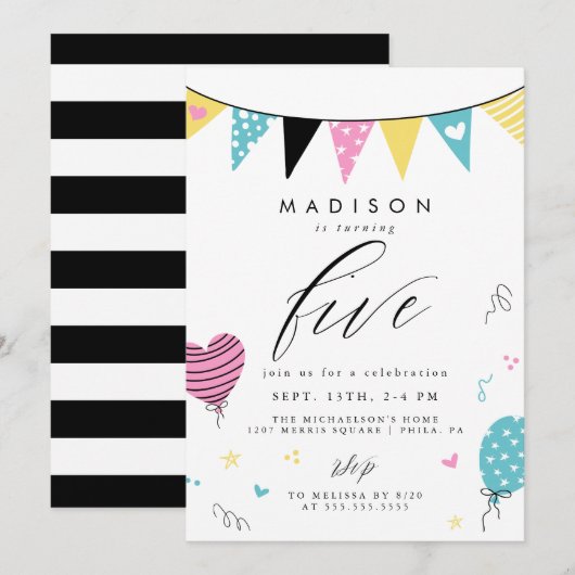 Invitation 5E ANNIVERSAIRE | Jolie fête d'anniversaire Doodle (Devant / Derrière)