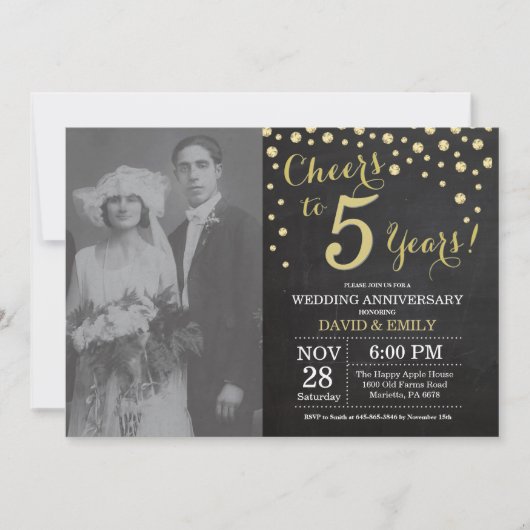 Invitation 5e anniversaire Mariage Chalkboard noir et or (Devant)