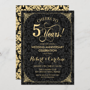 Invitation 5e anniversaire Mariage - Damas noir d'or