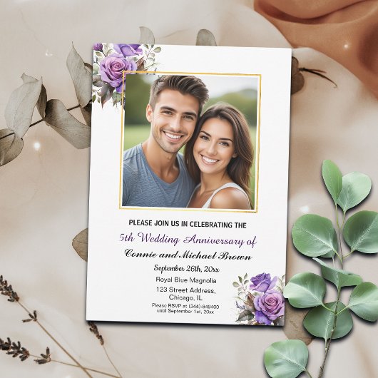 Invitation 5e anniversaire Mariage Gold Frame Roses violets