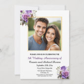 Invitation 5e anniversaire Mariage Gold Frame Roses violets (Devant)