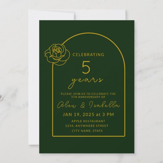 Invitation 5e anniversaire Mariage moderne vert et or (Devant)