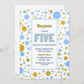 Invitation 5e anniversaire Parties scintillant bleue et or (Devant / Derrière)