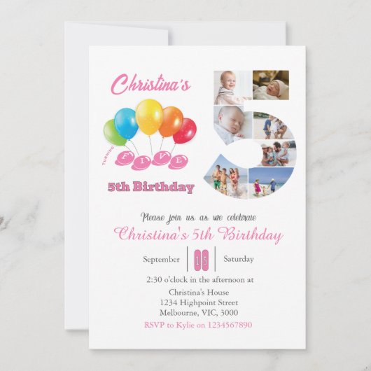 Invitation 5e anniversaire photo collage numéro 5 Fille (Devant)