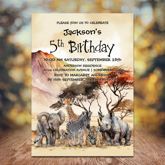 Invitation 5e anniversaire Safari Animaux Anniversaire