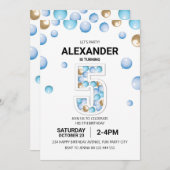 Invitation 5e fête d'anniversaire, Blue and Gold Balloon Boy (Devant / Derrière)