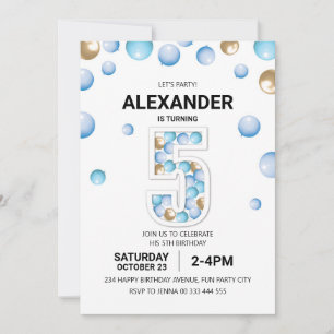 Invitation 5e fête d'anniversaire, Blue and Gold Balloon Boy