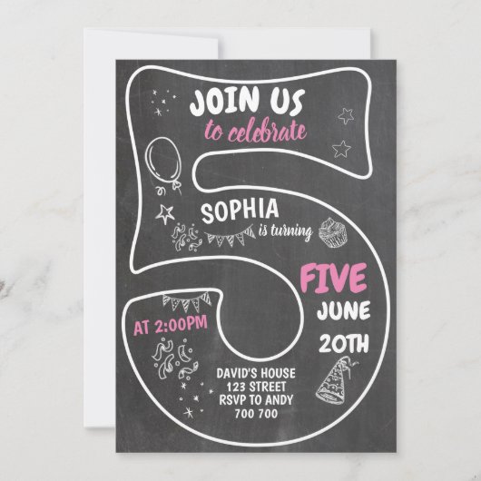 Invitation 5e Fille Anniversaire Chalkboard Pink Numéro (Devant)