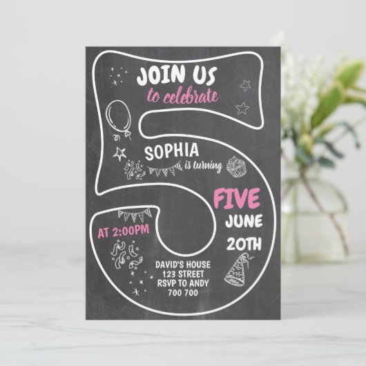 Invitation 5e Fille Anniversaire Chalkboard Pink Numéro (Debout devant)