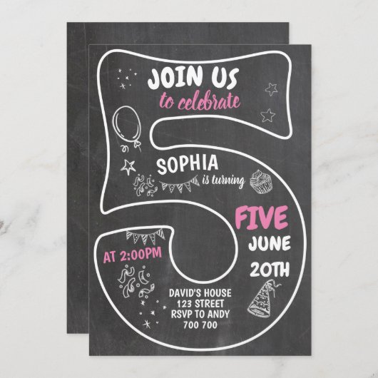 Invitation 5e Fille Anniversaire Chalkboard Pink Numéro (Devant / Derrière)