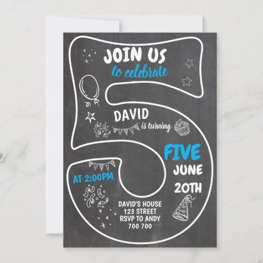 Invitation 5e Garçon Birthday Chalkboard Blue Numéro (Devant)