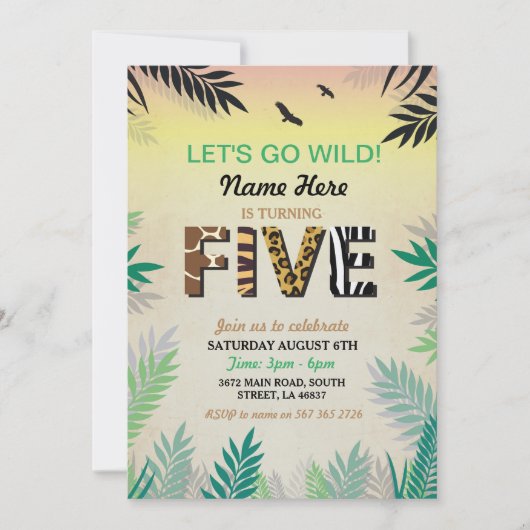 Invitation 5E Jungle Cinquième fête d'anniversaire Safari ZOO (Devant)