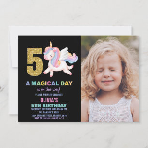 Invitation 5e Rainbow Unicorn photo d'anniversaire des invita