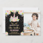 Invitation 5ème Floral Black Photo Unicorn Anniversaire (Devant)