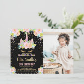 Invitation 5ème Floral Black Photo Unicorn Anniversaire (Debout devant)