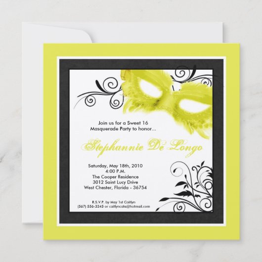 Invitation 5x5 masquerade yellow mask 16 Birthday Invite (Devant)