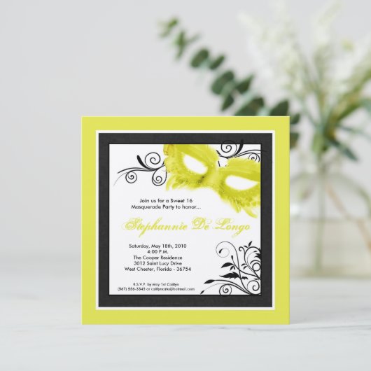 Invitation 5x5 masquerade yellow mask 16 Birthday Invite (Debout devant)