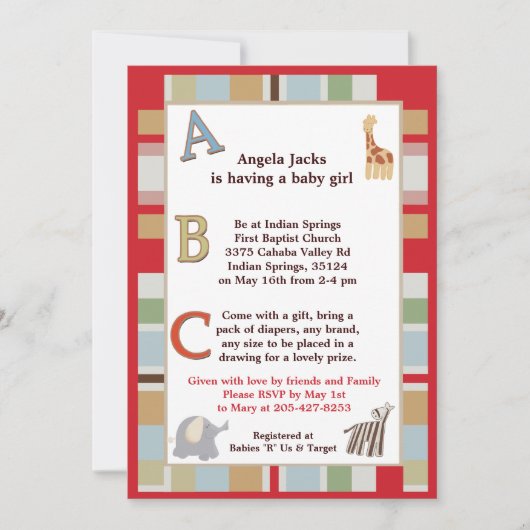 Invitation 5x7 ABC Alphabet Soupe Baby shower rayé (Devant)