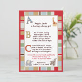 Invitation 5x7 ABC Alphabet Soupe Baby shower rayé (Debout devant)