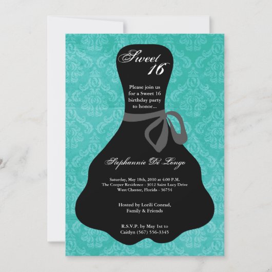 Invitation 5x7 Aqua Robe Turquoise Sweet 16 Anniversaire Invi (Devant)